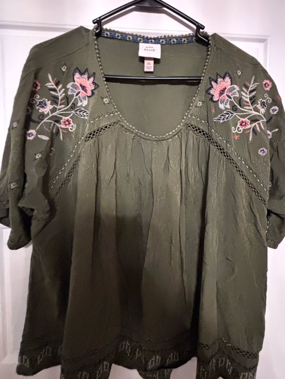 Knox Rose Olive Embroidered Peasant Top - XL